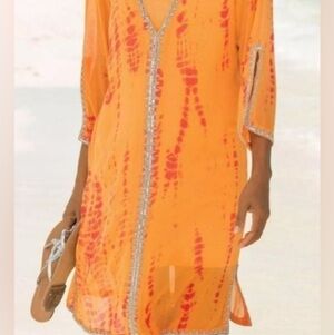 Soft Surroundings Boho Coastal Cowgirl Beaded Tie Dye Kaftan Beach Dress size XL